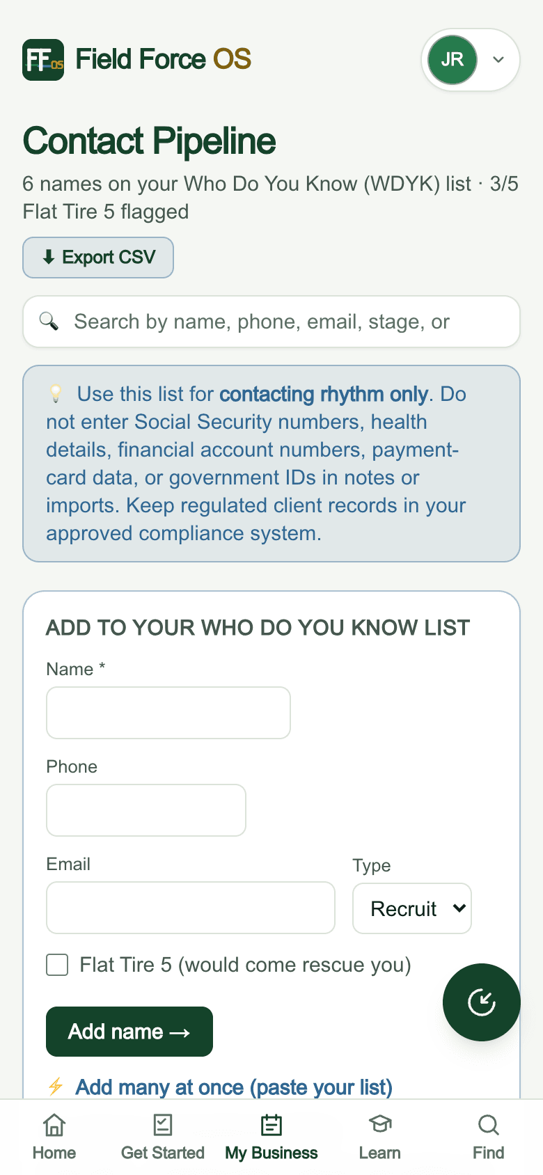 Current mobile contact pipeline with fictional demo data