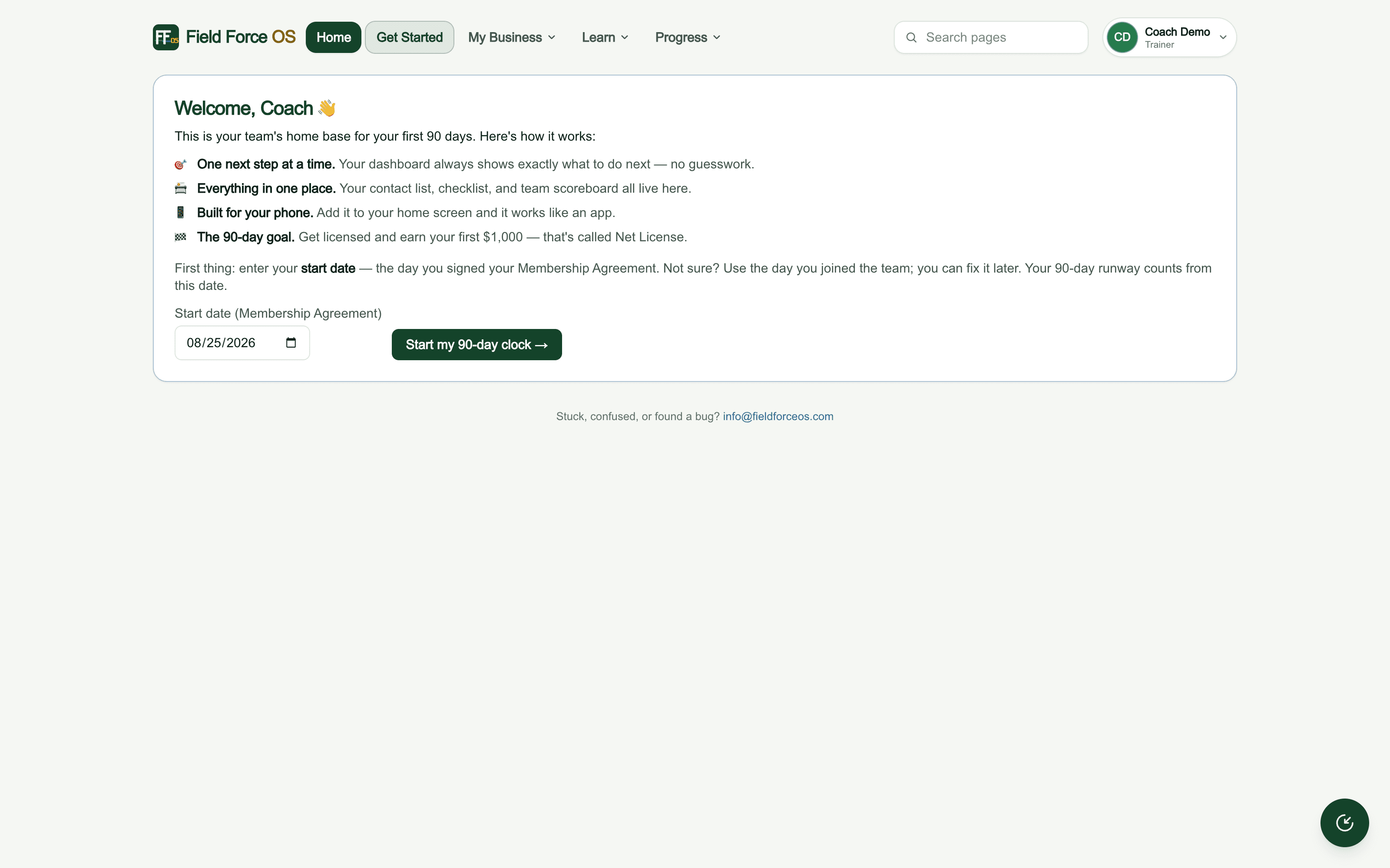 Current Field Force OS dashboard using fictional demo data