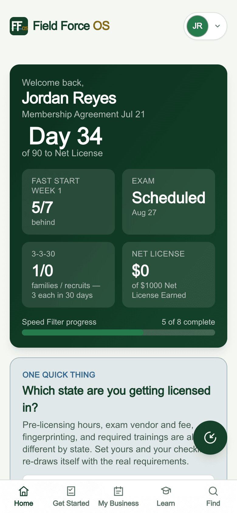 Current mobile dashboard with fictional demo data